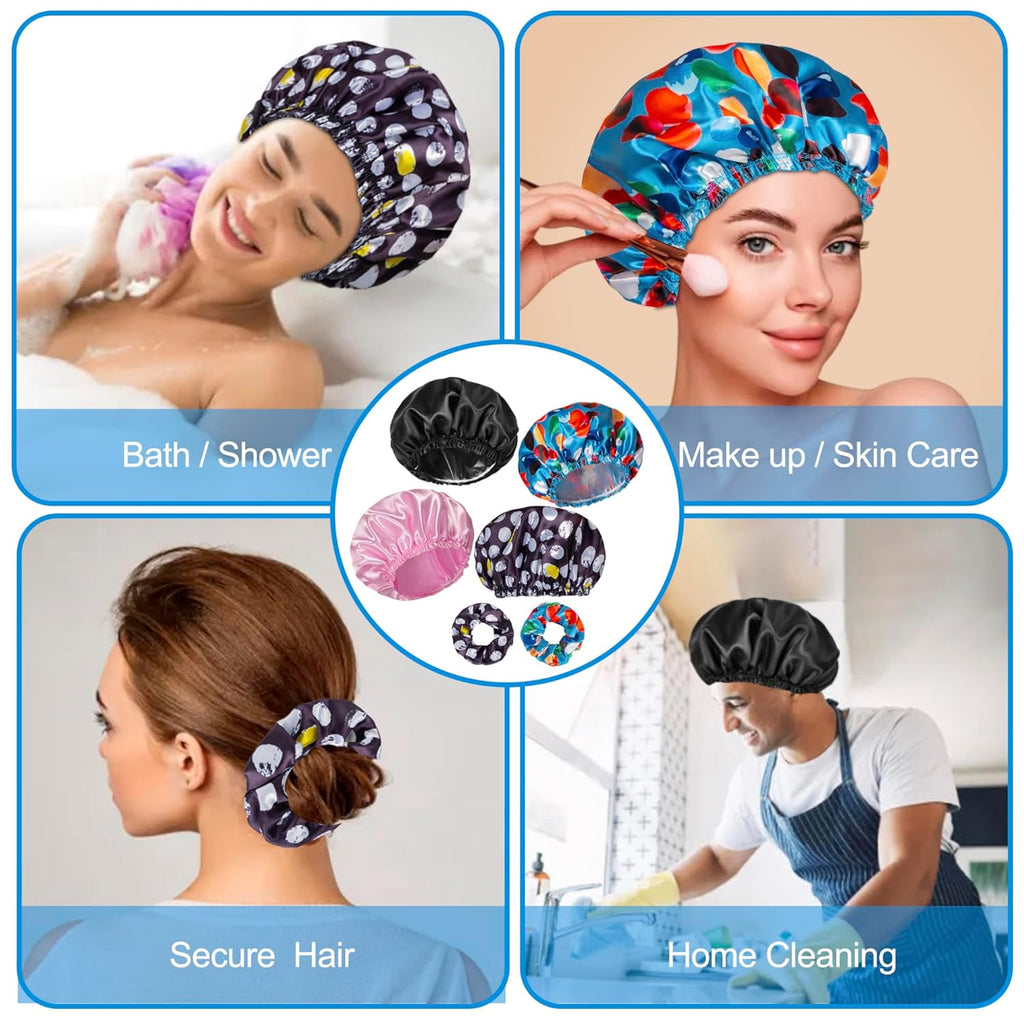 Shower Cap for Women Set of 4, Bath Caps, Double Layers Hair Caps + 2 Satin Hair Scrunchies, Reusable Waterproof Shower Caps, Elastic Hair Cap for Shower - Pattern A