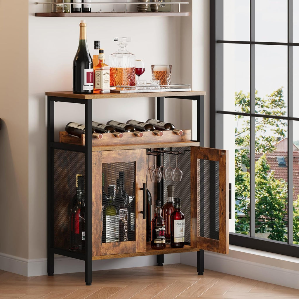 X-cosrack Wine Bar Rack Cabinet with Detachable Wine Rack, Coffee Barwith Glass Holder, Small Sideboard and Buffet Cabinet with Mesh Door, Rustic Brown(Patent Pending)