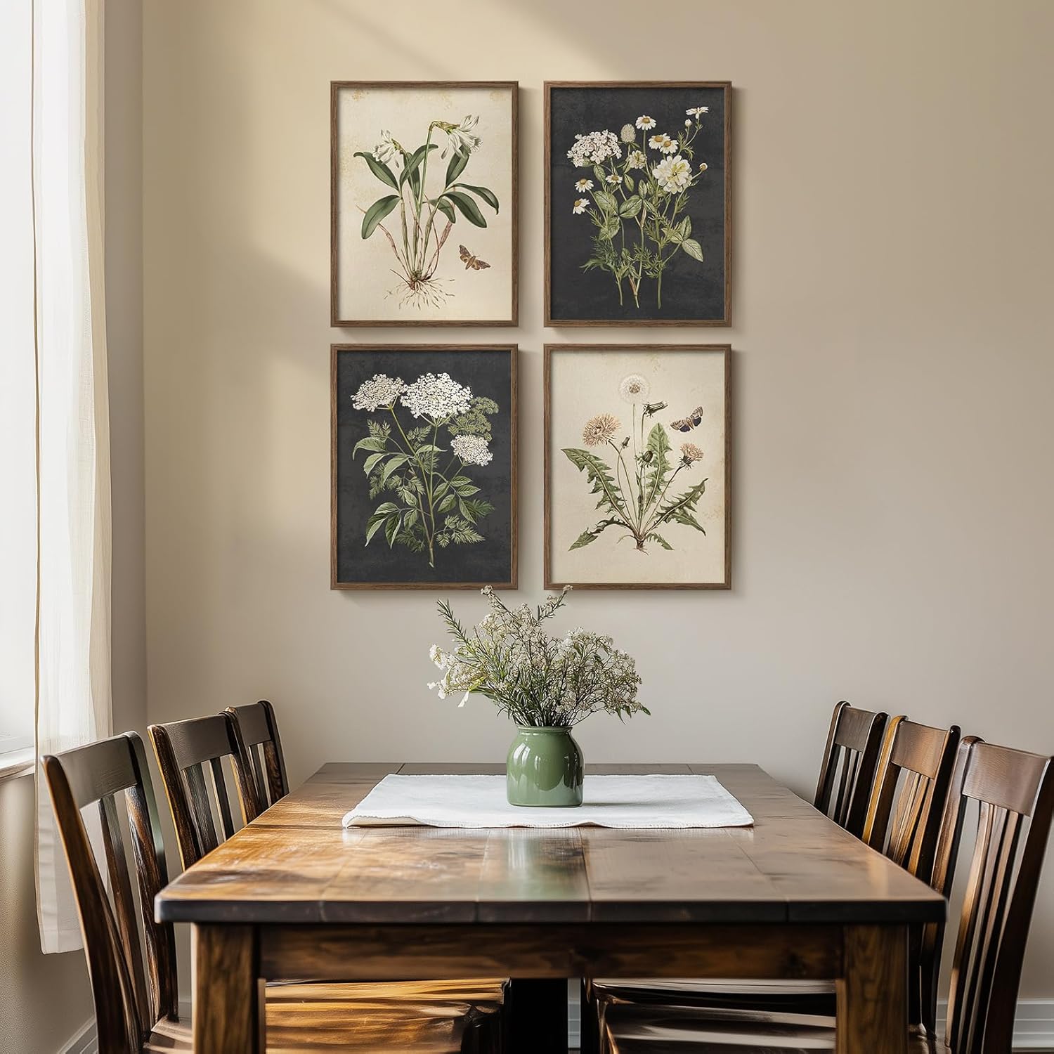Framed Vintage Botanical Wall Art Bedroom, 4 Piece Rustic Farmhouse Floral Canvas Prints Artwork, Neutral Flower Butterfly Pictures for Modern Farmhouse Living Room Kitchen Bathroom Wall Decor, 11x14
