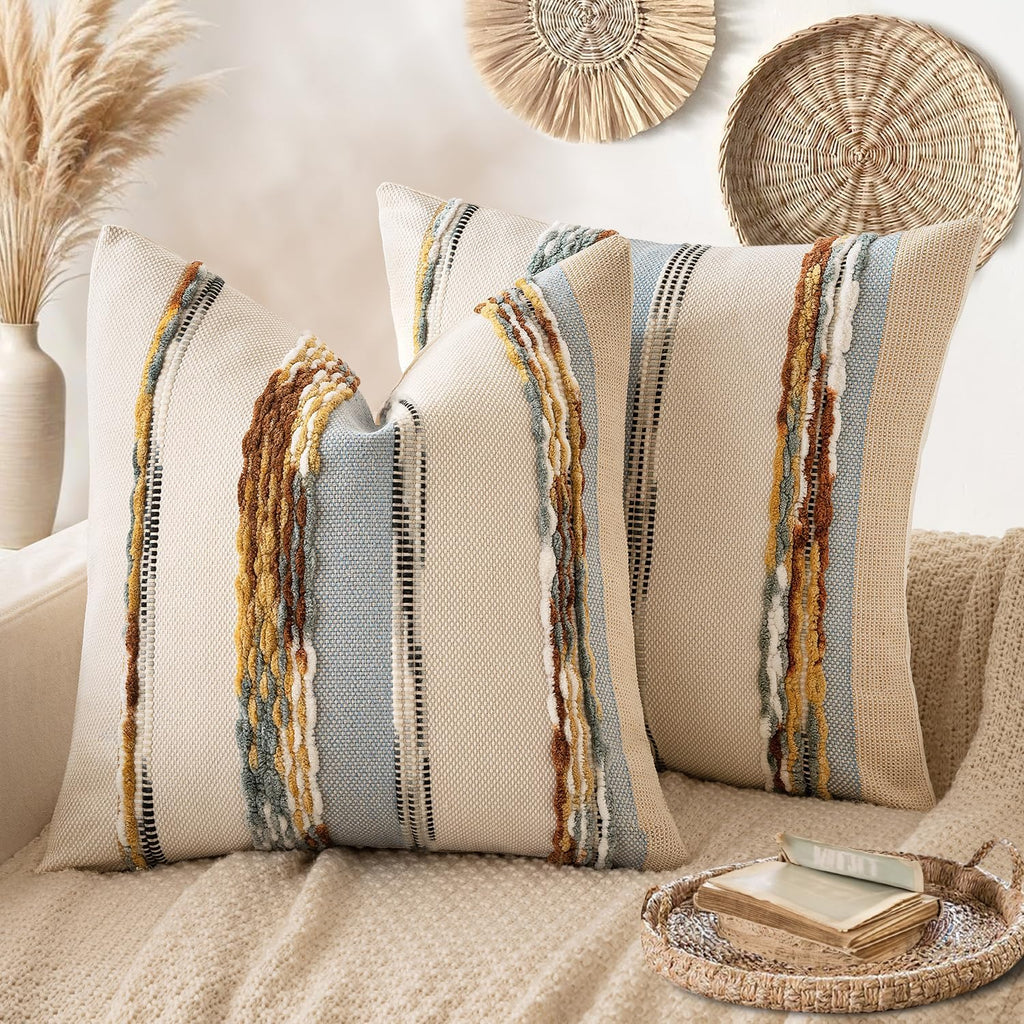 ANRODUO Pack of 2 Boho Decorative Throw Pillow Covers 18x18 Farmhouse Cushion Case Striped Chenille Pillow Cases Square Pillow Covers Accent Neutral Pillowcase for Sofa Couch Bed, Olive Green Stripe