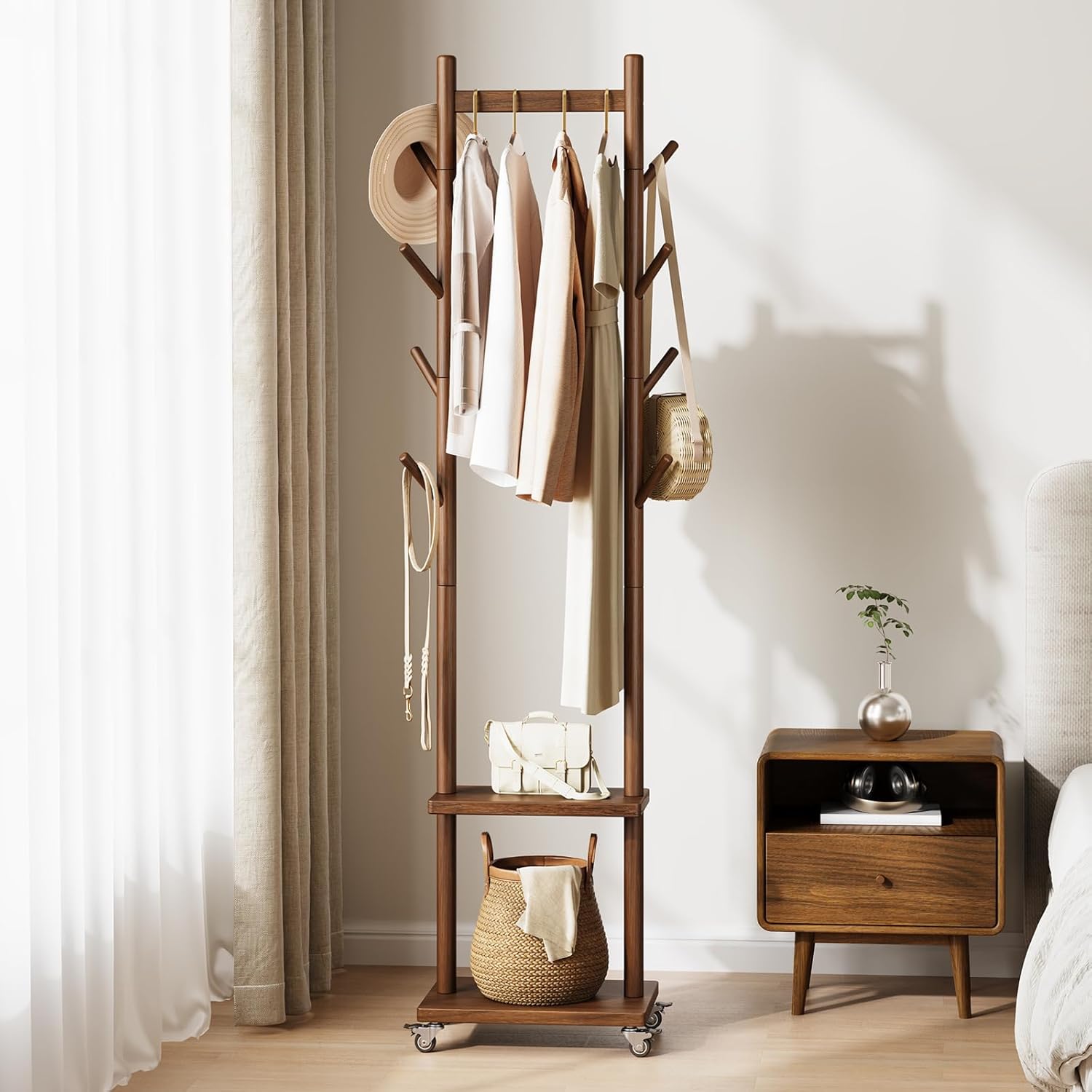 Solid Wood Coat Rack Freestanding - Rolling Clothes Rack with 8 Hooks & Shelves, Small Clothing Rack with Wheels, Heavy Duty Clothing Racks for Hanging Clothes, Portable Hall Tree for Entryway