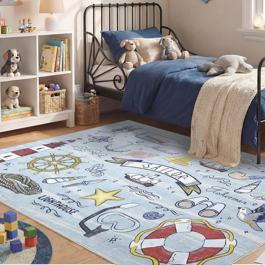 Soft Area Rugs 5x7, 5x7 Washable Rug with Non Slip Backing, 5 x 7 Faux Cashmere Low-Pile Carpet, Navy Blue & Gold
