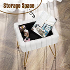 Vanity Stool Chair Faux Fur with Storage, 15.7"L x 11.8"W x 19.4"H Soft Ottoman 4 Metal Legs with Anti-Slip Feet, Furry Padded Seat, Modern Multifunctional Chairs for Makeup, Bedroom White