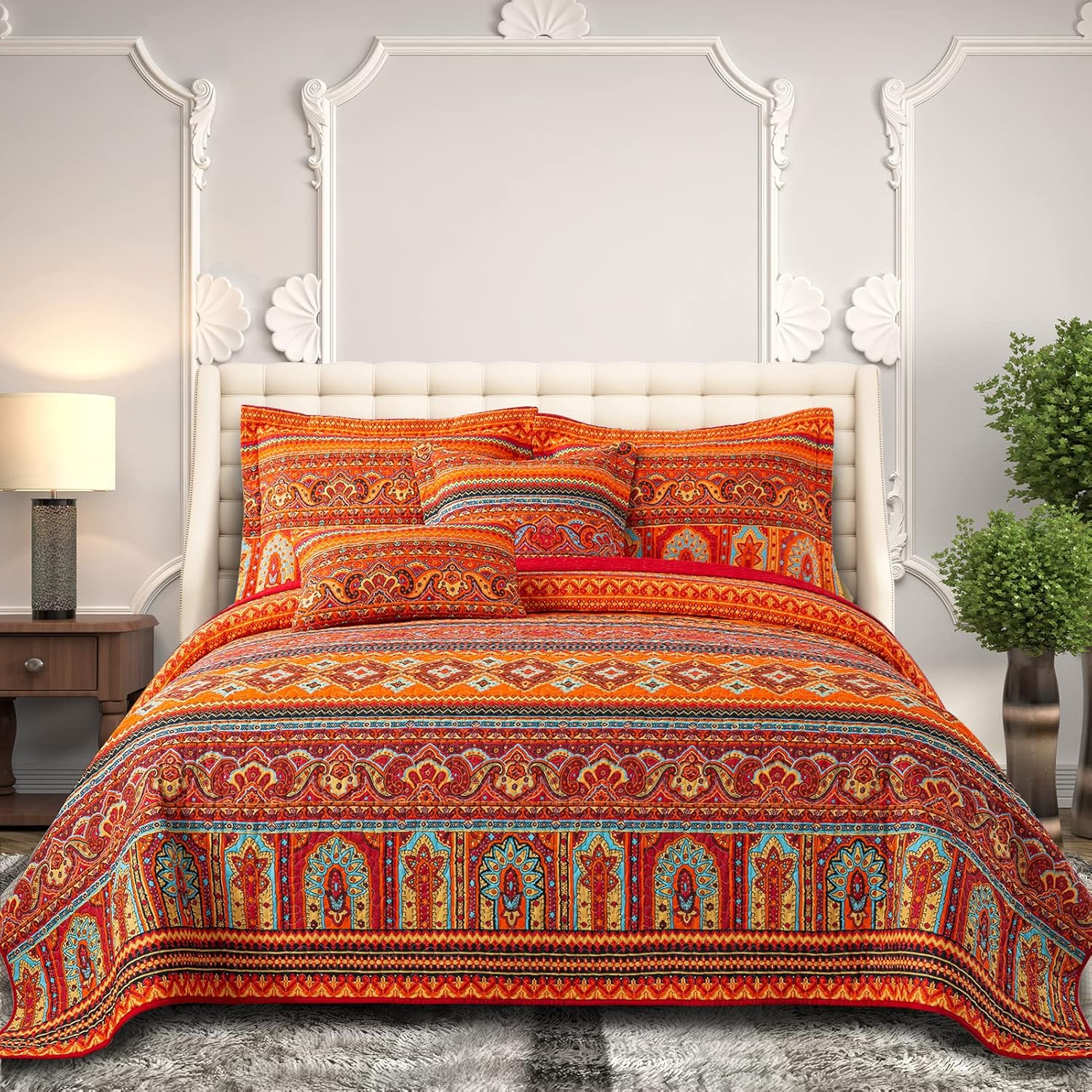 Farmhouse Cotton Quilts Queen Size for Fall - Lightweight Patchwork Autumn Bedspread Set for Bed Coverlet - Highly-Woven Soft Reversible Bed Spread for All Seasons (Floral Orange) 3 Pieces