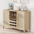 Rattan Wine Bar Cabinet, Boho Rattan Home Bar with Glass Holder and Drawer Style Racks, Oak Sideboard Buffet Storage Cabinet for Living Dining Room Kitchen