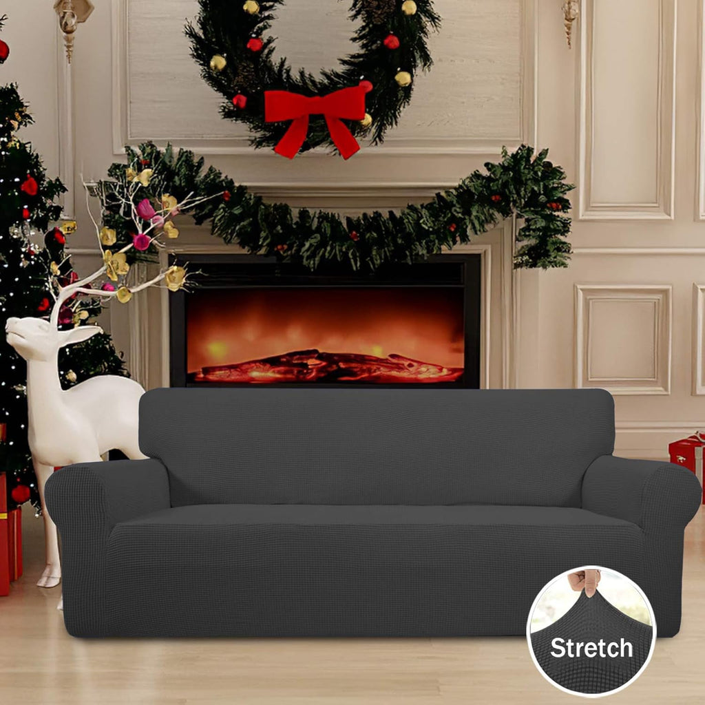 Stretch Sofa Slipcover 1-Piece Sofa Cover Furniture Protector Couch Soft with Elastic Bottom for Kids, Polyester Spandex Jacquard Fabric Small Checks (Sofa, Dark Gray)