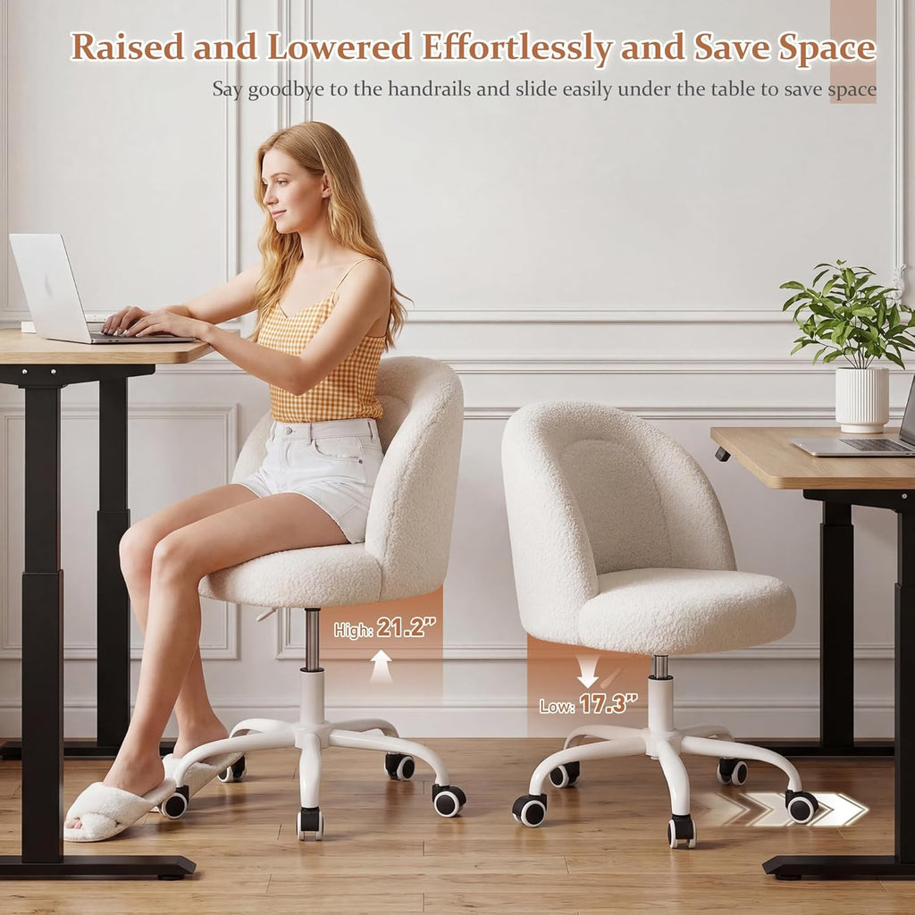 Vanity Chair, Small Desk Chair with Back, Height Adjustable & 360° Swivel, Stylish Armless Comfy Vanity Office Chair for Small Space, Bedroom