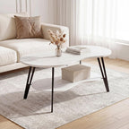 MWOOD Oval Coffee Table, 39.37" Center Table with Storage Shelf and Metal Leg, Waterproof & Scratch-Resistant Dining Table for Living Roome, Bedroom Marble-Patterned