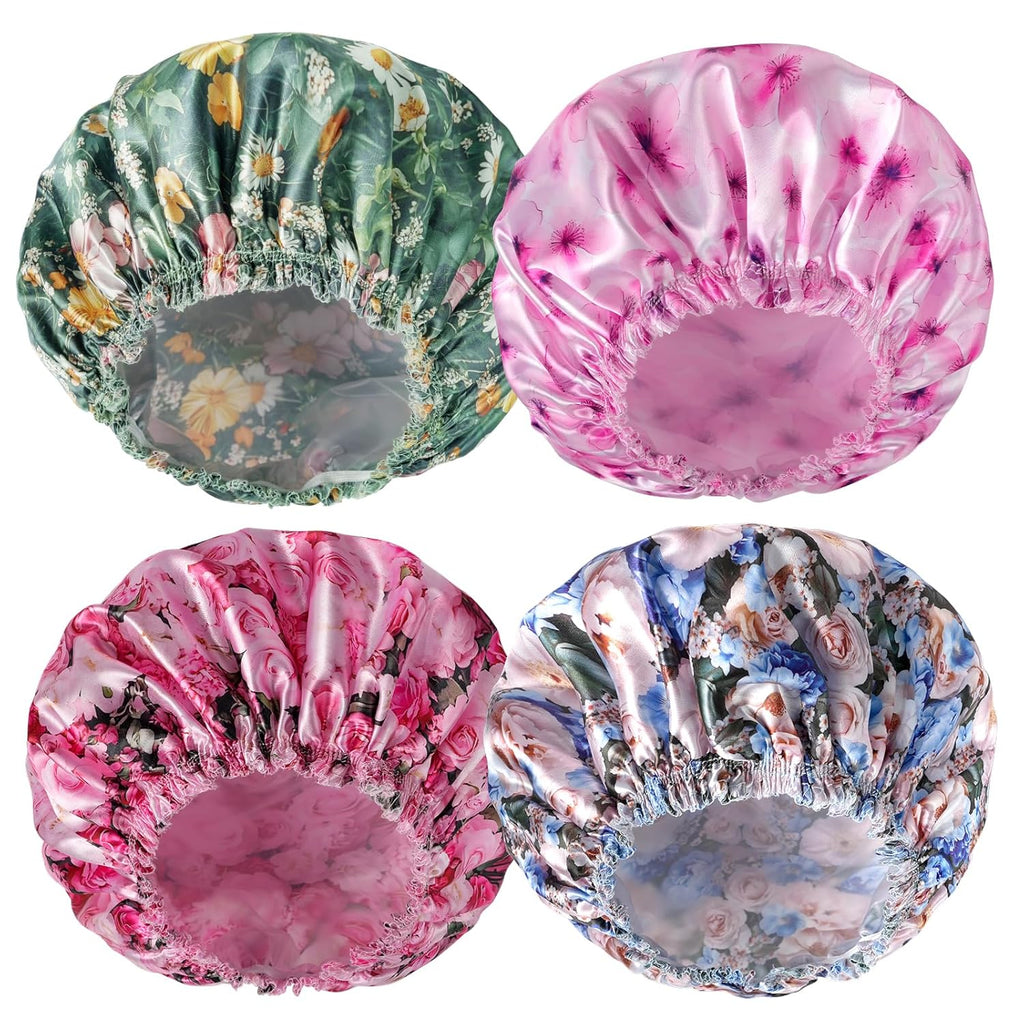 4 PCS Shower Caps for Women, Elastic and Reusable Bath Caps, Double Waterproof Layers Shower Cap, Bathing Shower Caps, Environmental Protection Hair Bath Hat - Printed Color