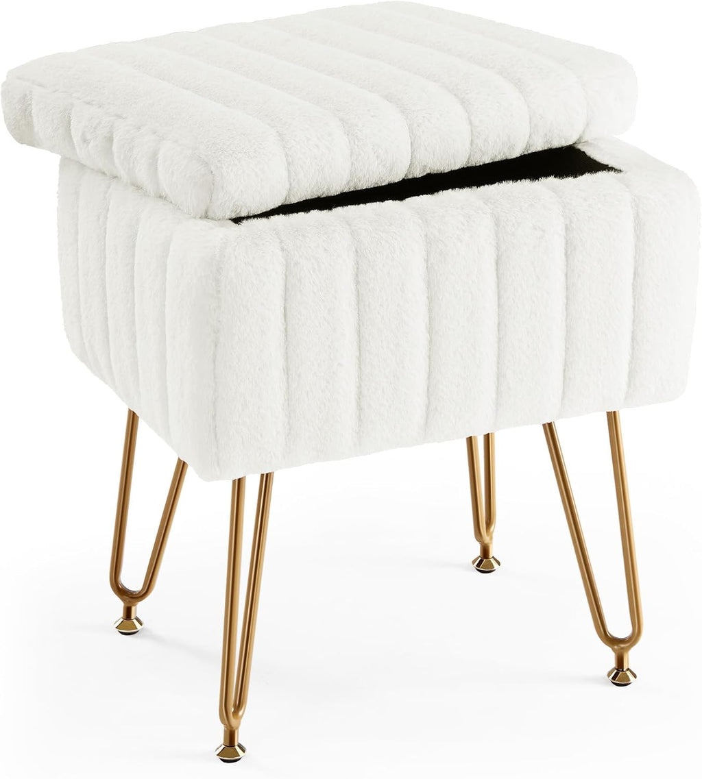 Vanity Stool Chair with Storage, 18.9”H x 16”L x 12.2”W Ottoman Chair Faux Fur Soft Padded Makeup Footstools Seat with 4 Metal Legs Anti-Slip Adjustable Feet for Make Up, Pink