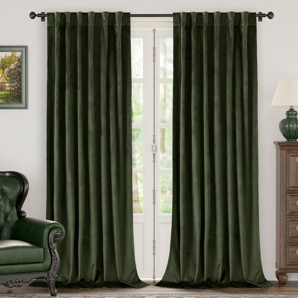 Green Velvet Curtains 84 Inch Length, Thermal Insulated Blackout Curtains Room Darkening Drapes with Back Tab and Rod Pocket for Living Room/French Door, Set of 2 Panels, 52 x 84 Inch