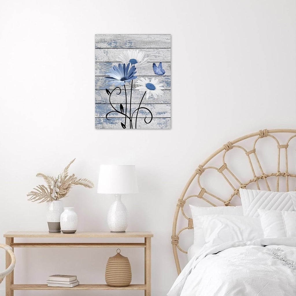 Farmhouse Floral Wall Art for Living Room, Blue and White Daisy Flower and Butterfly on Rustic Wood Board Canvas Wall Art Framed Artwork Ready to Hang for Bathroom Bedroom Decor, 16L X 12W