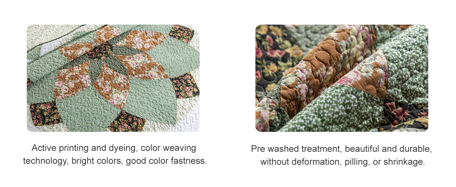 Quilts Queen Size Patchwork Bedspread Set - 100% Cotton Reversible Breathable Green Earth Geometric Quilted Quilt with Pillow Shams for All Seasons